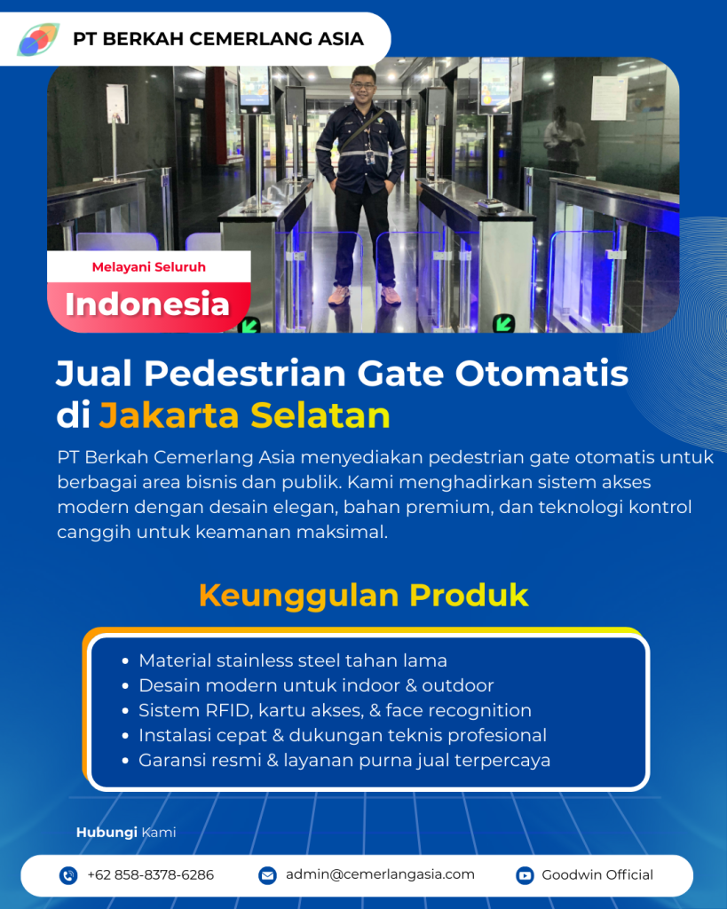 Pintu akses pedestrian swing gate untuk kontrol akses gedung di Jakarta Selatan