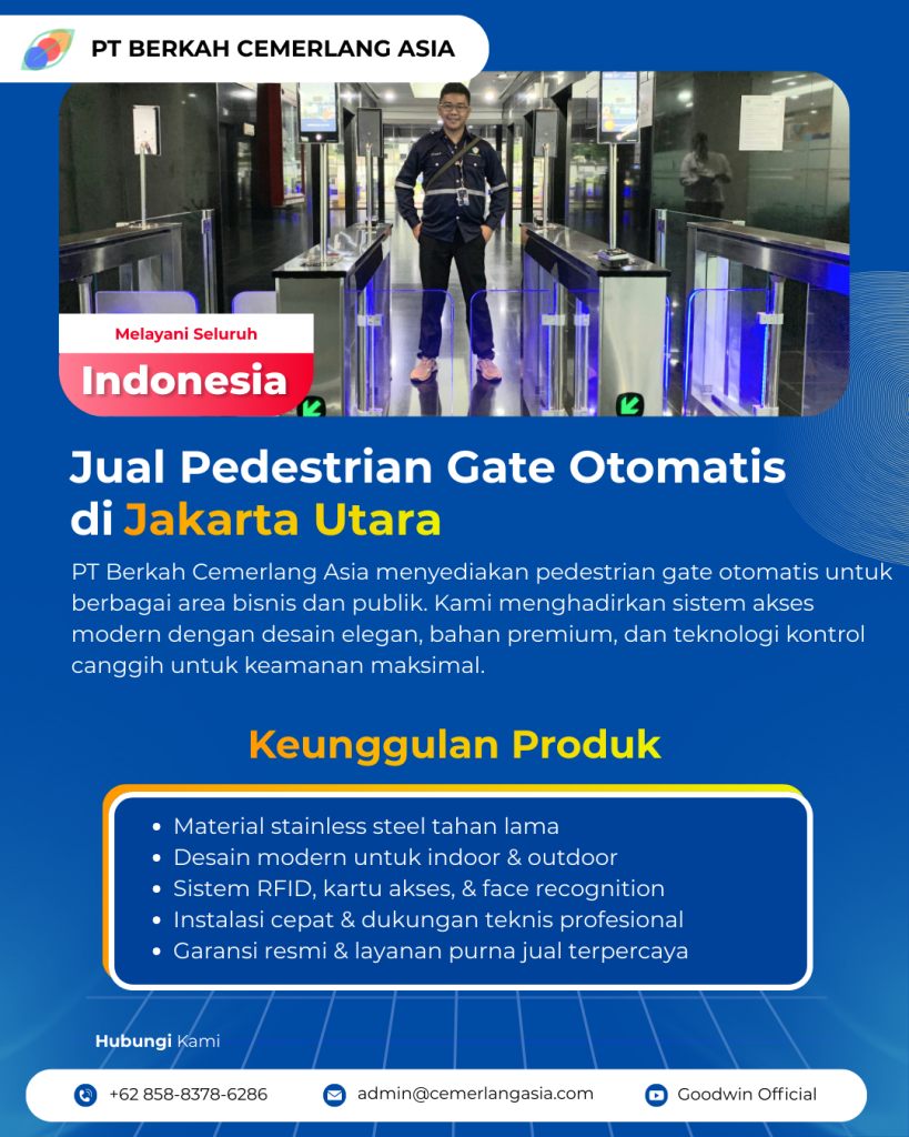 Pintu akses pedestrian swing gate untuk kontrol akses gedung di Jakarta Utara