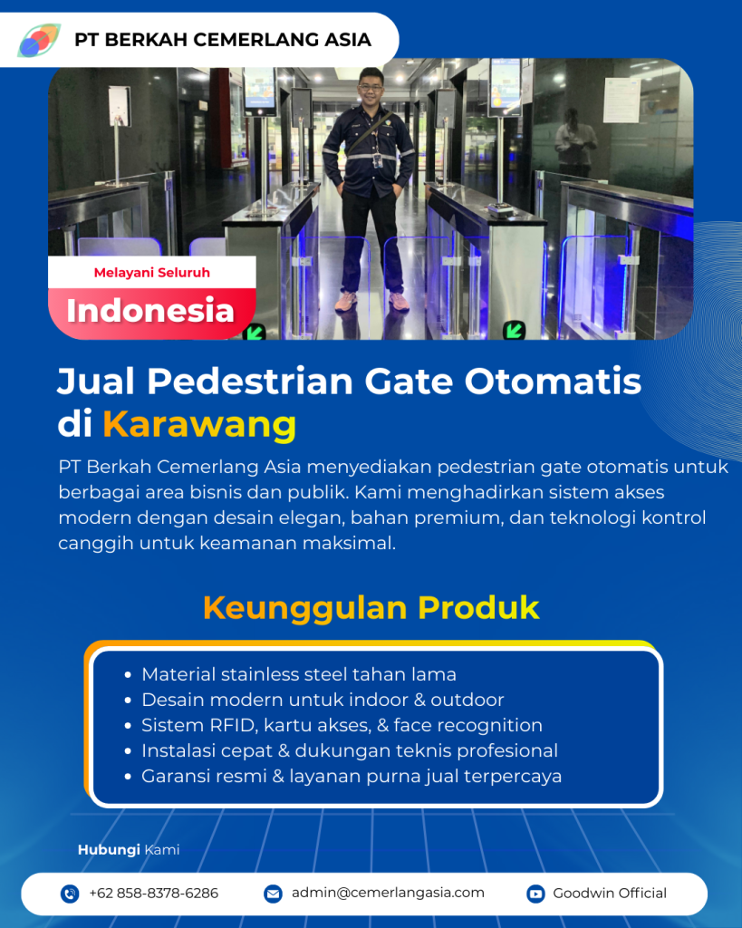 Pintu akses pedestrian swing gate untuk kontrol akses gedung di Karawang