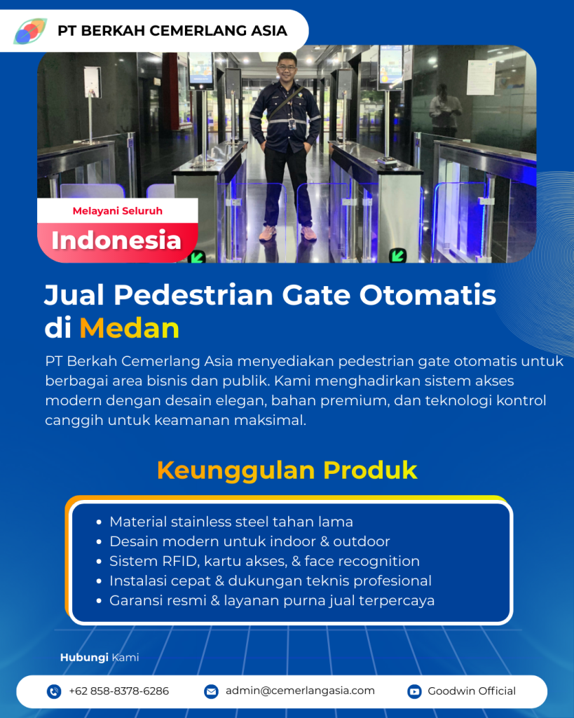 Pintu akses pedestrian swing gate untuk kontrol akses gedung di Medan